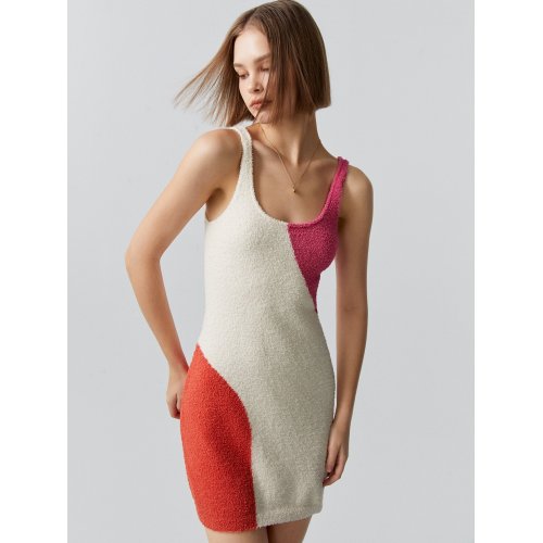 Three Tone Knit Mini Dress - Cream