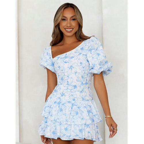  Asymmetric Neckline Puff Sleeve Floral Print Mini Dresses-Blue