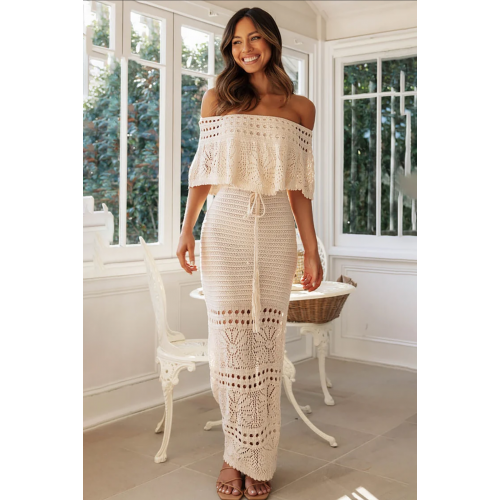  White Crochet Off Shoulder Hollow Out Vacation Slim Maxi Dresses