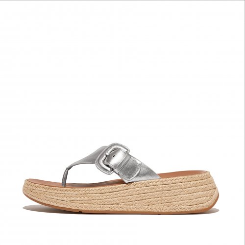 Espadrille Buckle Metallic-Leather Flatform Toe-Post Sandals