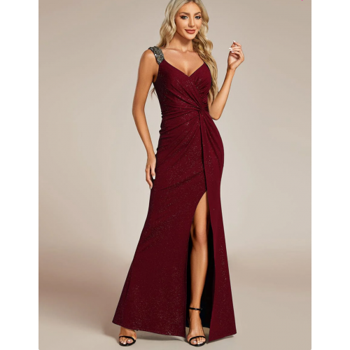 V Neck High Slit Evening Dress