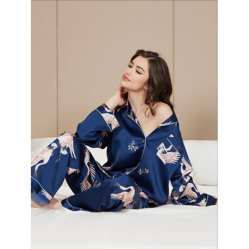19Momme Pure Silk Printed Classic Binding Trim Womens Pyjama Set