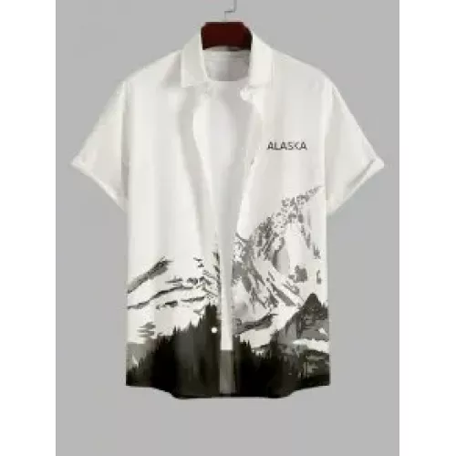 Men's Mountain ALASKA Letter Printed Button Up Short Sleeves Casual Shirt - White M