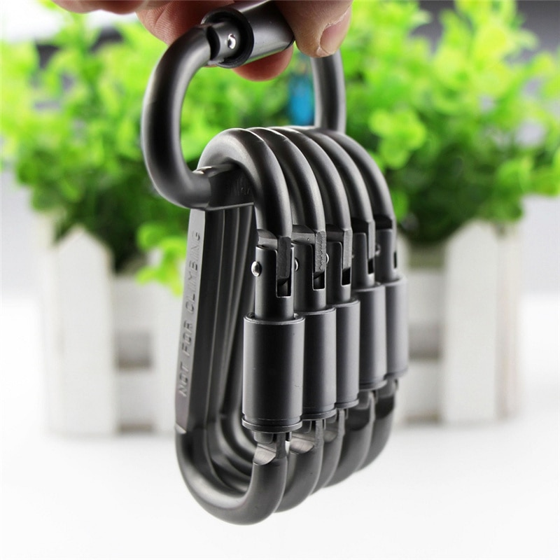 1set=6Pcs Aluminum Alloy Bold Long Nut Carabiner Buckle No. 8 D-type Carabiner Keychain With Screw Lock for Camping And Fishing