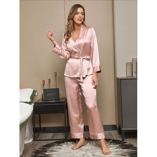 19Momme Contrast Trim Belted Lapel Silk Pyjama Set 