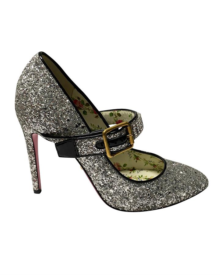 Gucci Gucci Sylvie Glitter Mary Jane Heels In Silver Glitter And