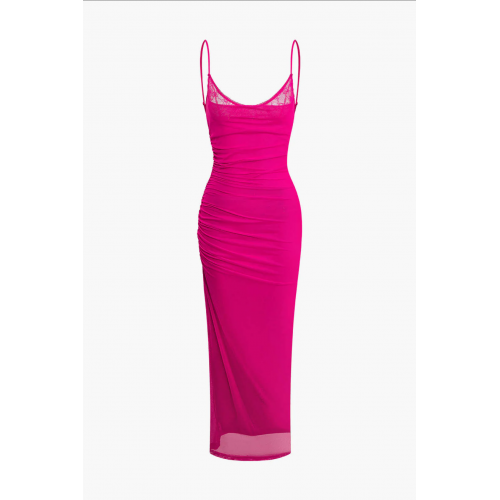 Lace Mesh Ruched Slit Slip <span style='filter: blur(2.5px);'>****</span> Dress 