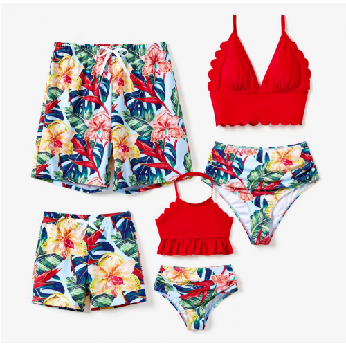 Family Matching Floral Drawstring Swim Trunks or Ruched Shell Edge Bikini with Optional Swim Cover Up