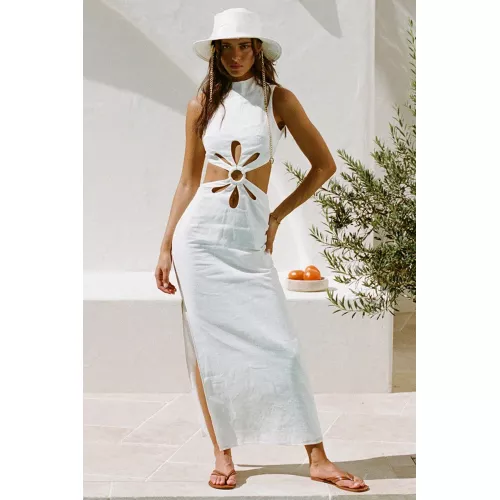 White Cutout Hollow Out Tied Up Sleeveless High Neck Slit Slim Maxi Dresses