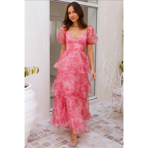Floral Print Puff Sleeve Tiered Hem Backless Maxi Dresses-Pink