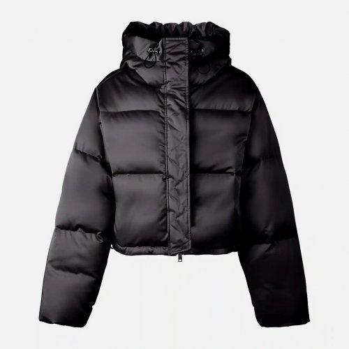 Down jacket in satin with hood Black