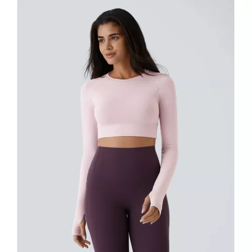 Solid Thumb Hole Cropped Yoga Sports Top