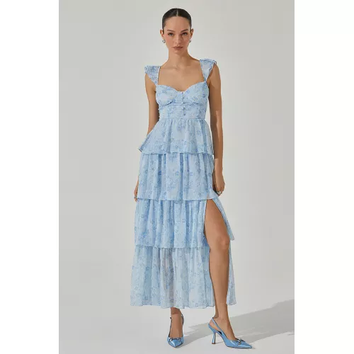  Ruffled Straps Tiered Flounced Slit Maxi Dresses-Blue