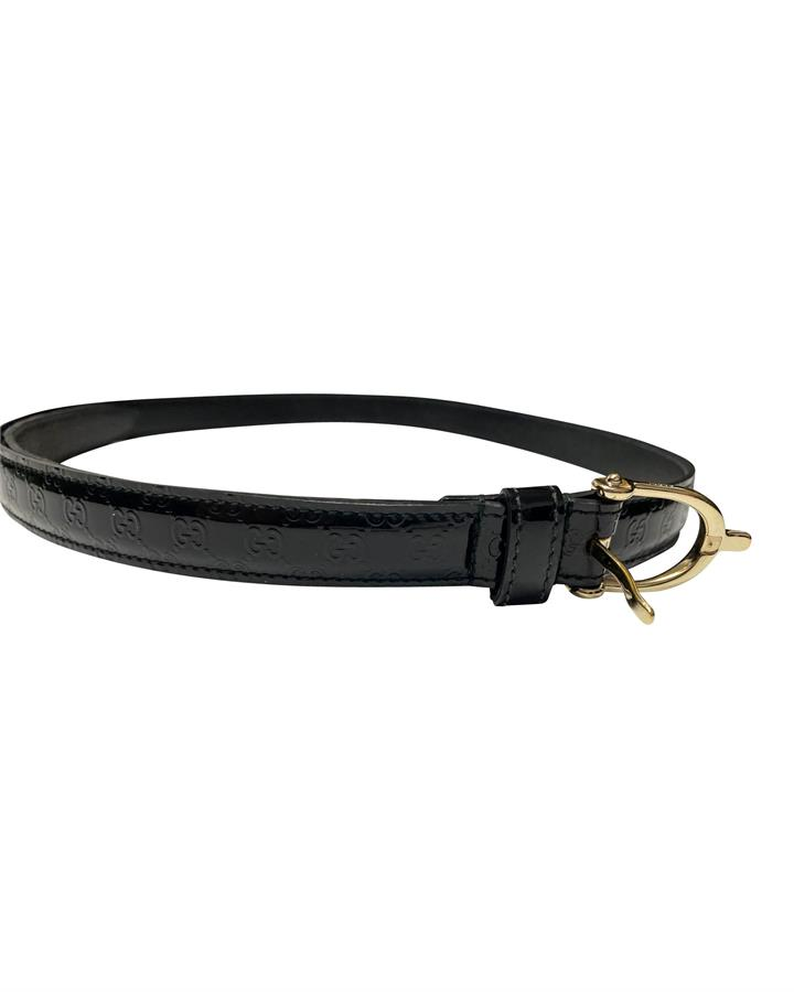 Gucci Gucci Gg Embossed Thin Belt In Black Patent Leather -Pre Owned