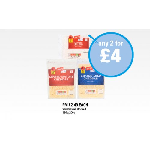 Jack's Cheese Mature Cheddar, Grated, Mild  180g/200g