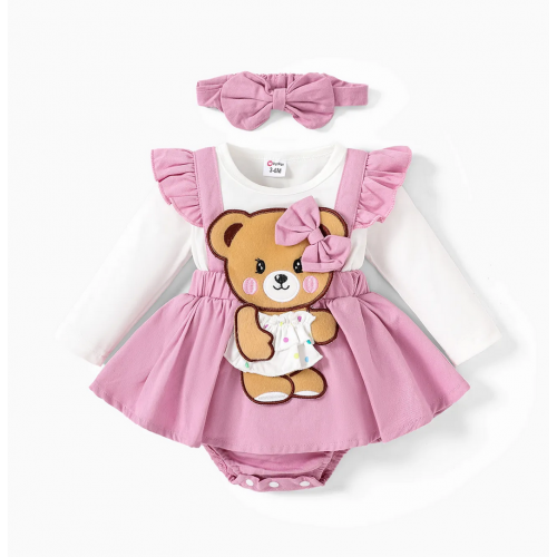 2pcs Baby Girl 100% Cotton Bear Graphic Ruffle Trim Long-sleeve Faux-two Romper & Headband Set