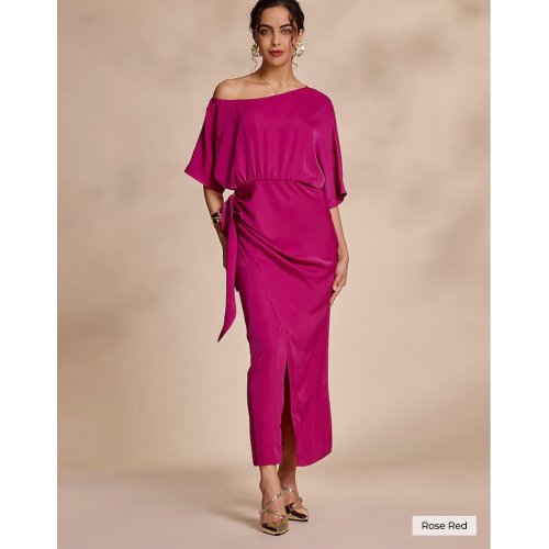 Satin Knotted Wrap Drop Shoulder Maxi Dress