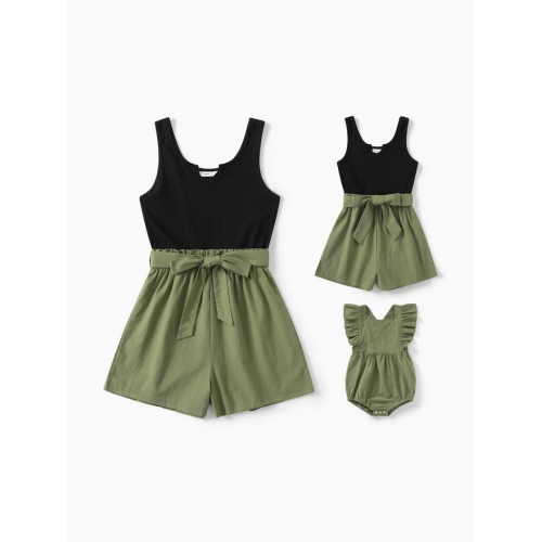 100% Cotton Ribbed and Solid Splicing Sleeveless Belted Romper for Mom and Me