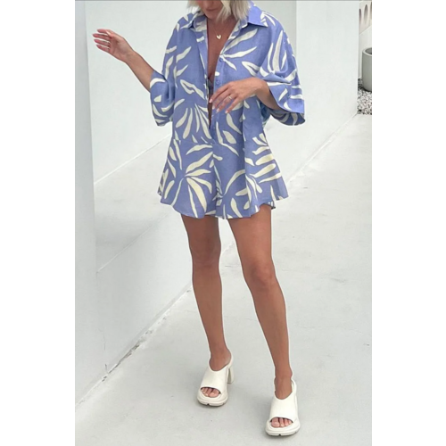 Sleeve Printed Linen Romper 