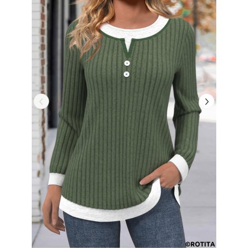 Button Olive Green Round Neck Long Sleeve T Shirt 