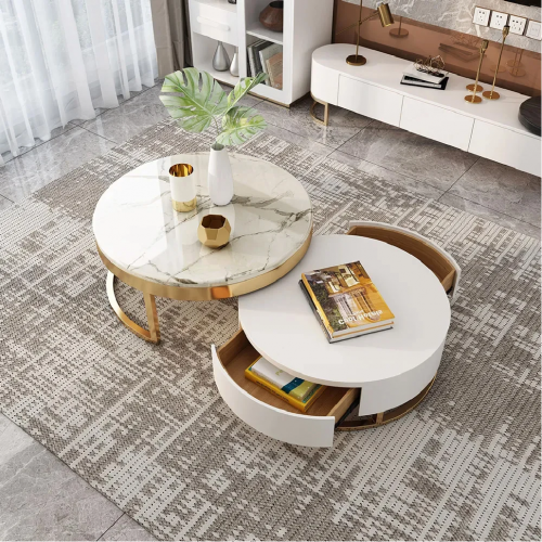  Nesnesis Modern Round Sintered Stone Nesting Wood Coffee Table with Drawers in White 