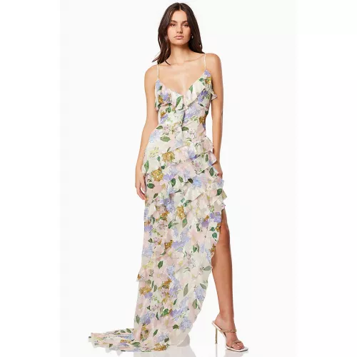 Floral Print Ruffled V Neck High Slit Tiered Maxi Dresses-Pink