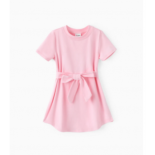 Toddler Girl Solid Curved Hem Short-sleeve Belted Dress