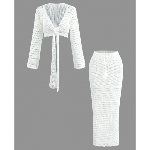 Crochet Open Knit Knot Front Crop Top And Tie Waist Skirt Set