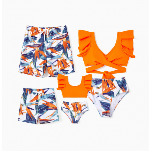 Family Matching Drawstring Swim Trunks or Orange Floral Ruffle Sleeves Cross Bikini