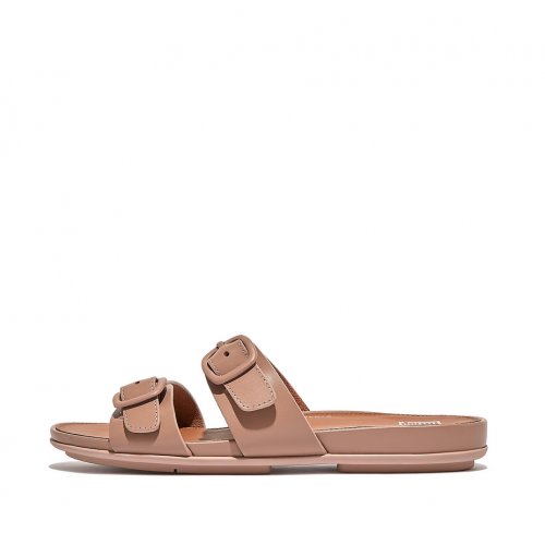 Buckle Two-Bar Leather Slides - Beige 