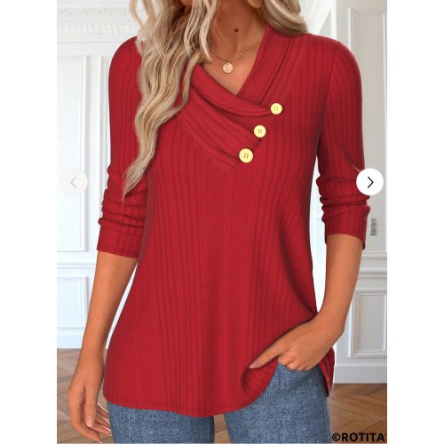 Button Red V Neck Long Sleeve T Shirt 