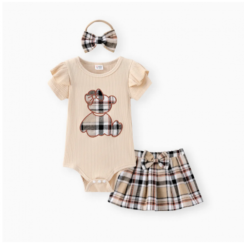 3pcs Baby Girl Cotton Ribbed Ruffle Short-sleeve Bear Embroidered Romper and Plaid Skirt & Headband Set