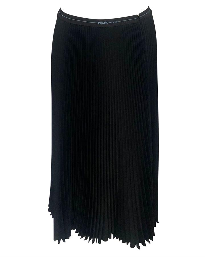 Prada Prada Pleated Midi Logo Skirt In Black Polyester -Pre Owned