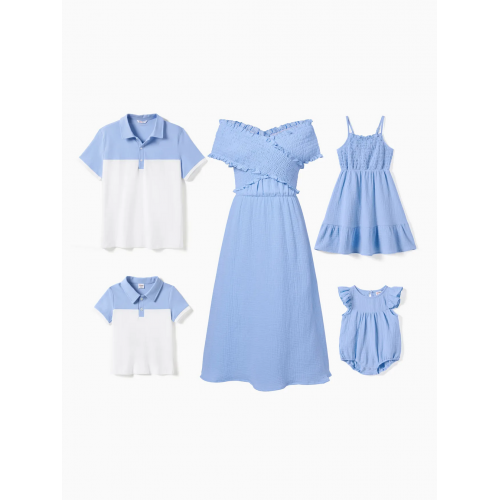 Family Matching Colorblock Polo Shirt and Shirred Cross Front Bodice Off-Shoulder Dress Sets