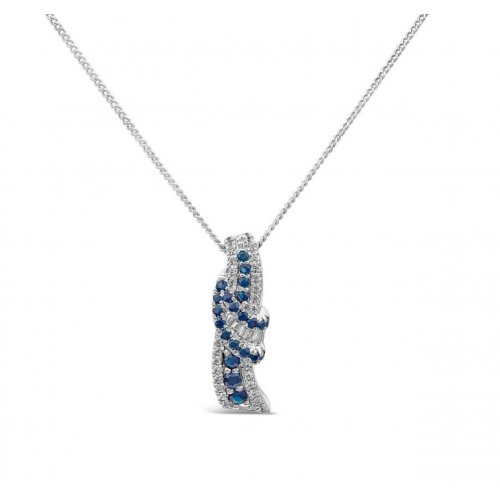 9ct White Gold Sapphire & 0.13ct Diamond Baguette Centre Wave Pendant