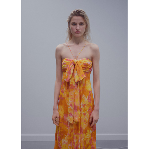 Pleated dress with bow neckline