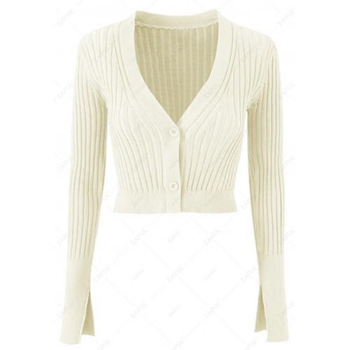 Women's Vacation Solid Color Button Up Split Sleeve V Neck Ribbed Knit Beach Cover Up Cardigan Top - White M