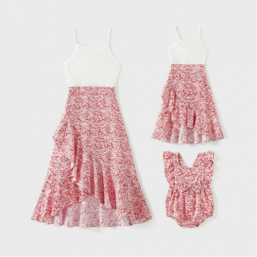 Mommy and Me Cotton Ribbed Spliced Floral Print Ruffle Trim Tulip Hem Cami Dresses