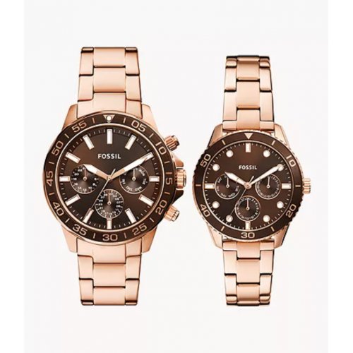 His and Hers Multifunction Rose Gold-Tone Stainless Steel Watch Box Set