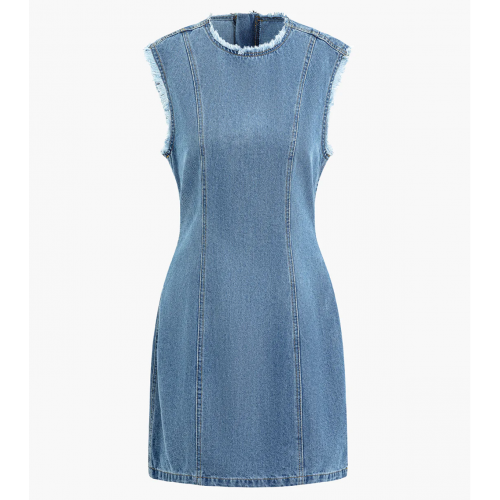 Fray Trim Zipper Round Neck Sleeveless Denim Mini Dress