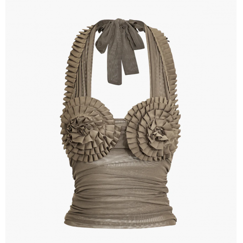 Pleated Mesh Halter Tank Top