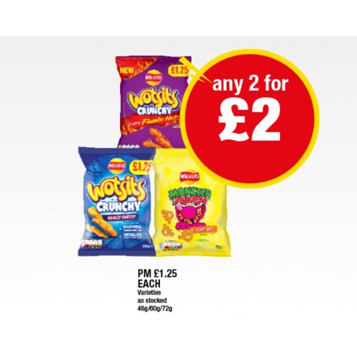 Wotsits Crunchy Flamin Hot, Crunchy, Monster Munch Roast Beef - Any 2 for £2