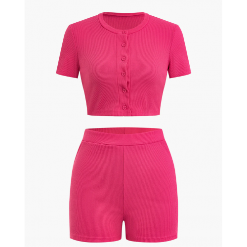 Basic Button Up Crop Top And Shorts Set