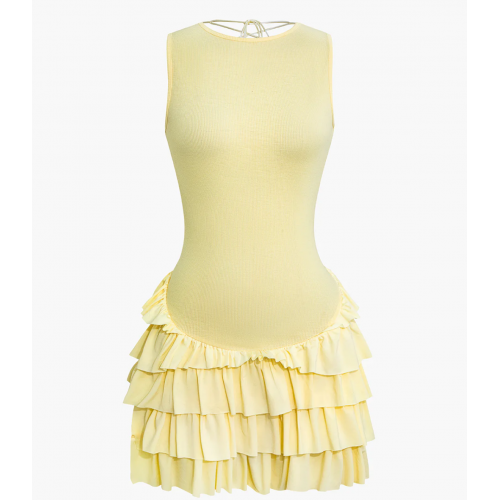Lace Up Back Sleeveless Ruffle Hem Mini Dress 