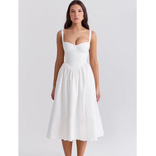  Spaghetti Strap Corset Lace Up Pocket Slit Midi Dresses-White