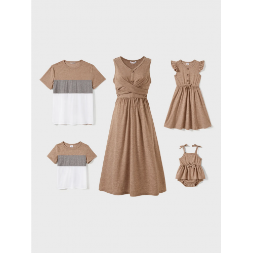 Family Matching Sets Cross-Over Button Front Khaki Dress and Color Block Tee 