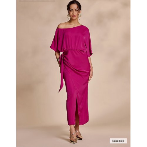 Satin Knotted Wrap Drop Shoulder Maxi Dress
