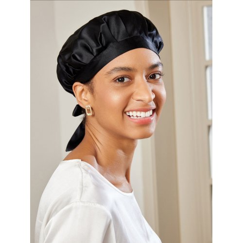  Pure Silk Classic Sleep Cap with Ribbons -  Black