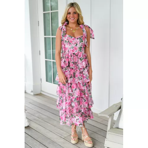 Floral Print Tie Up Cami Tiered Ruffled Hem Midi Dresses-Pink