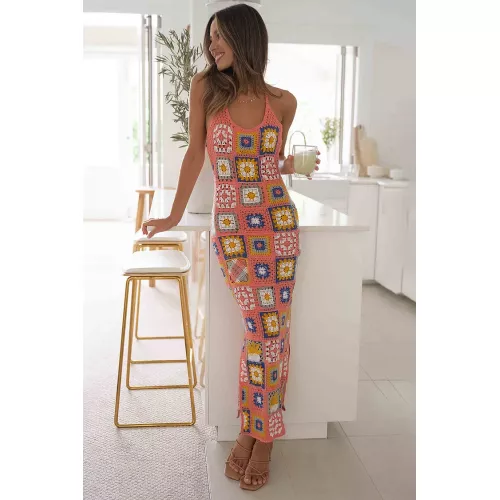  Multicolor Pattern Crochet Halter Slit Vacation Maxi Dresses